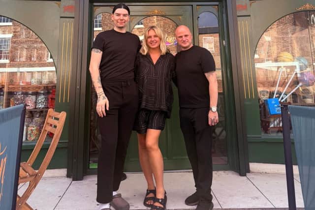 Mr Swainstons owners Sean Robinson (left) and John Gray, with Jenna Meek, who invested in the business on BBC's Dragons' Den.