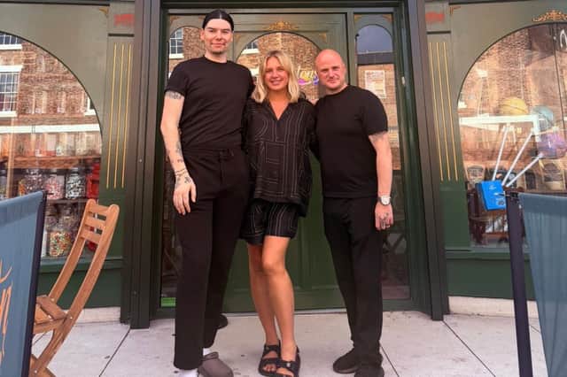 Mr Swainstons owners Sean Robinson (left) and John Gray, with Jenna Meek, who invested in the business on BBC's Dragons' Den.