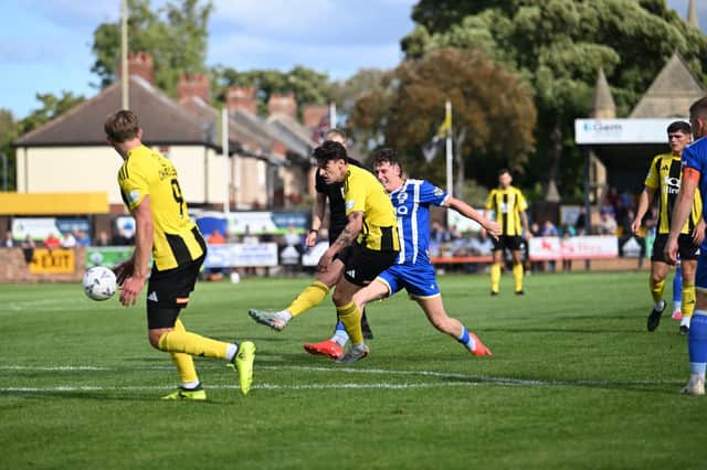 Tom Allan scores Hebburn Town's equaliser in their 1-1 draw with National League North rivals Chester (photo Tyler Lopes)