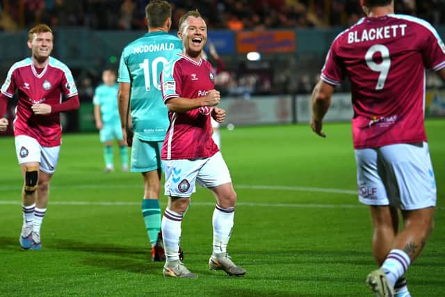 Adam Campbell celebrates after scoring South Shields' second goal in their home game with National League North rivals Marine (photo Kevin Wilson)
