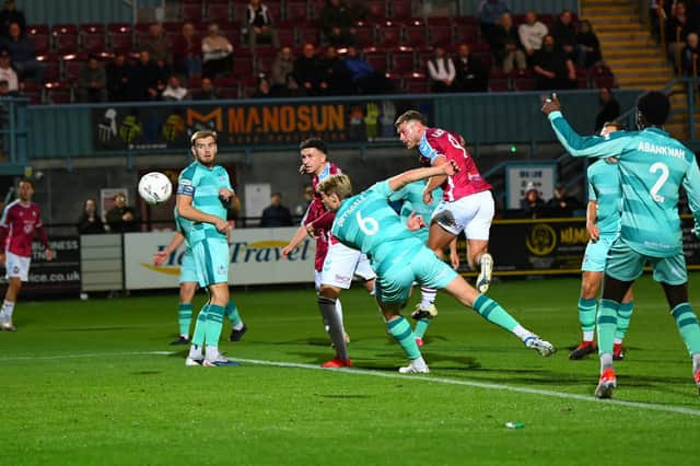 Paul Blackett scores South Shields' opener in their 2-1 home win against National League North rivals Marine (photo Kevin Wilson)