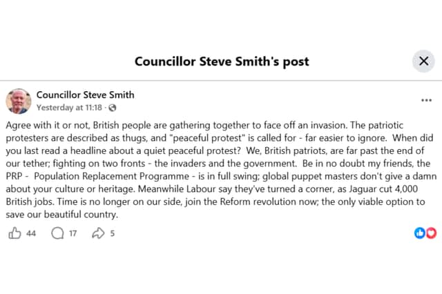 A screenshot of the now-deleted post from Cllr Steve Smith's Facebook page.