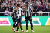 Bazoumana Toure of Newcastle United celebrates scoring his team’s first goal with teammates during the Carabao Cup Second Round match between Newcastle United and West Bromwich Albion at St James' Park on August 26, 2026 in Newcastle upon Tyne, England. (Photo by George Wood/Getty Images)