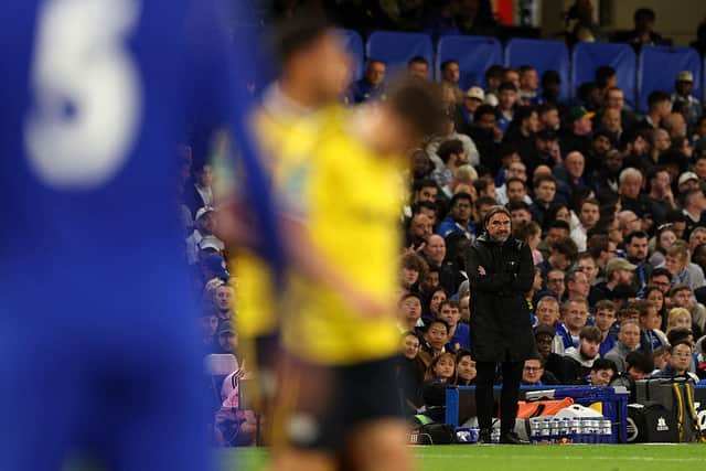 Leeds United's German head coach Daniel Farke watches the players from the touchline during the English League Cup third round football match between Chelsea and Leeds United at Stamford Bridge, in London on September 9, 2026. (Photo by Adrian Dennis / AFP via Getty Images)