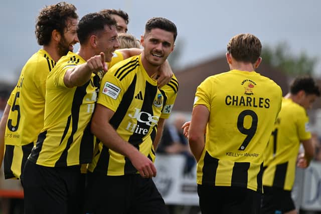 Elliot Forbes celebrates after scoring Hebburn Town's second goal in their 2-1 home win against National League North rivals Hednesford Town (photo Tyler Lopes)