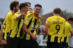 Elliot Forbes celebrates after scoring Hebburn Town's second goal in their 2-1 home win against National League North rivals Hednesford Town (photo Tyler Lopes)