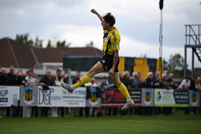 Tom Allan celebrates his goal in Hebburn Town's 2-1 home win against Hednesford Town (photo Tyler Lopes)