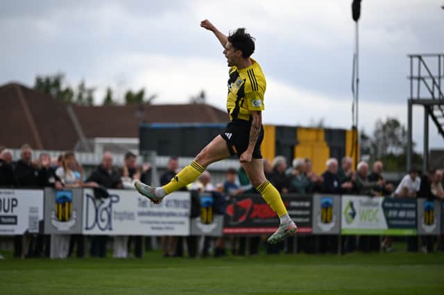 Tom Allan celebrates his goal in Hebburn Town's 2-1 home win against Hednesford Town (photo Tyler Lopes)