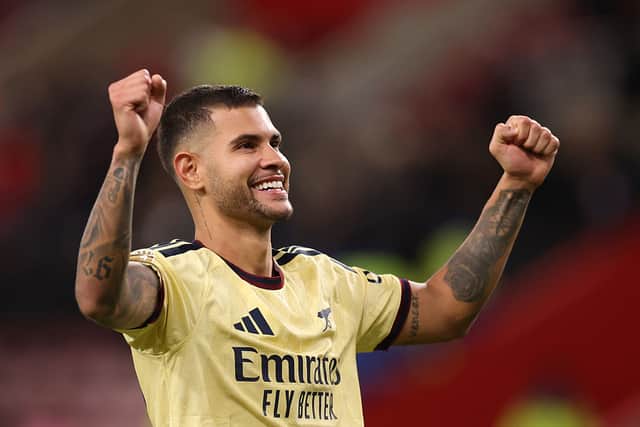 Bruno Guimaraes of Arsenal celebrates after the Premier League 2026/27 match between Sunderland and Arsenal FC at Stadium of Light on September 12, 2026 in Sunderland, England. (Photo by Stu Forster/Getty Images)