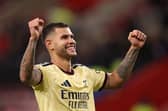 Bruno Guimaraes of Arsenal celebrates scoring for his first Gunners goal against Arsenal (Photo by Stu Forster/Getty Images)