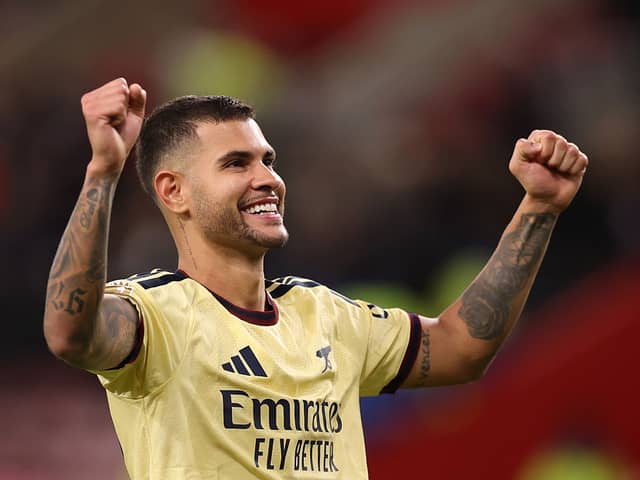 Bruno Guimaraes of Arsenal celebrates after the Premier League 2026/27 match between Sunderland and Arsenal FC at Stadium of Light on September 12, 2026 in Sunderland, England. (Photo by Stu Forster/Getty Images)