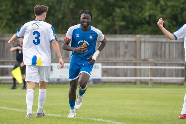 Stephen Siyanbola celebrates after scoring his first goal of three in Jarrow's FA Vase second qualifying round win against Marske United (photo Kieran Gough)