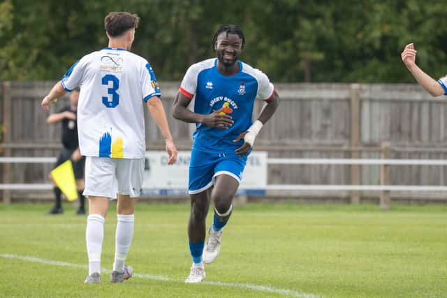 Stephen Siyanbola celebrates after scoring his first goal of three in Jarrow's FA Vase second qualifying round win against Marske United (photo Kieran Gough)