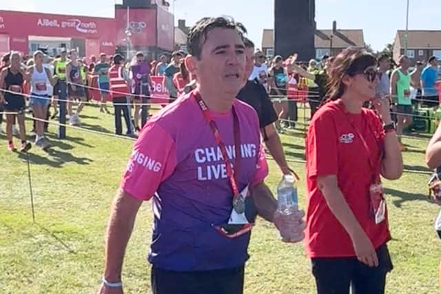 Prime Minister Andy Burnham at the finish line of the Great North Run 2026, in South Shields.