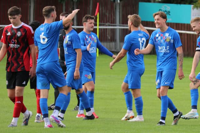 Boldon CA celebrate during their FA Vase win at Campion (photo Jess Kelly)