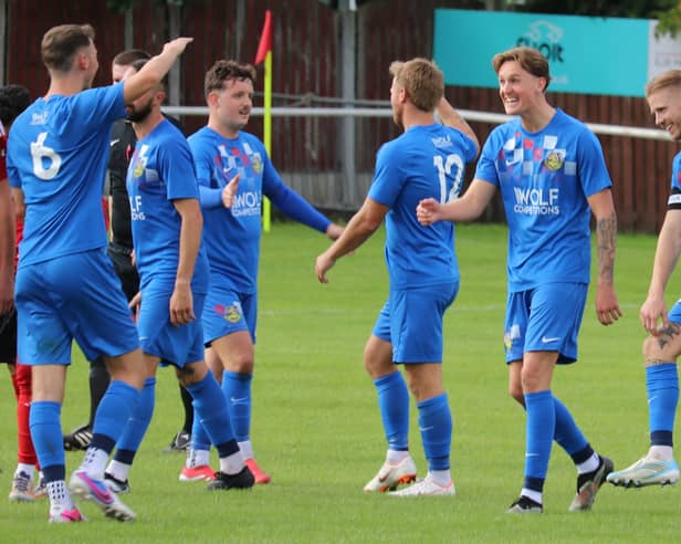 Boldon CA celebrate during their FA Vase win at Campion (photo Jess Kelly)