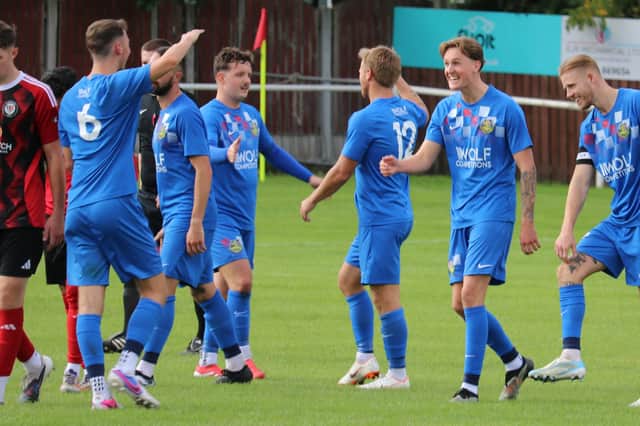 Boldon CA celebrate during their FA Vase win at Campion (photo Jess Kelly)