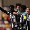 Afner Ca of Newcastle United U21 celebrates with teammates after scoring his team's third goal during the Vertu Trophy match between York City and Newcastle United U21 at LNER Community Stadium on September 15, 2026 in York, England. (Photo by George Wood/Getty Images)