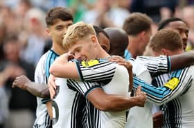 Lewis Hall of Newcastle United celebrates scoring his team’s second goal with teammates during the Premier League 2026/27 match between Newcastle United and Hull City at St James' Park on September 19, 2026 in Newcastle upon Tyne, England. (Photo by Ian MacNicol/Getty Images)