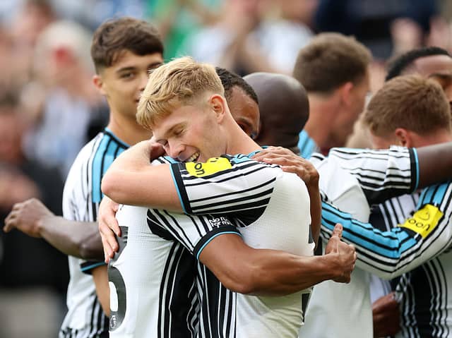 Lewis Hall of Newcastle United celebrates scoring his team’s second goal with teammates during the Premier League 2026/27 match between Newcastle United and Hull City at St James' Park on September 19, 2026 in Newcastle upon Tyne, England. (Photo by Ian MacNicol/Getty Images)