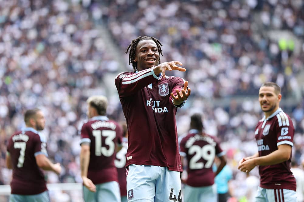 Johan Manzambi of Aston Villa celebrates scoring his team's first goal during the Premier League 2026/27 match between Tottenham Hotspur and Aston Villa FC at Tottenham Hotspur Stadium on September 19, 2026 in London, England. (Photo by Michael Steele/Getty Images)