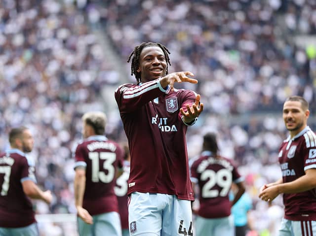 Johan Manzambi of Aston Villa celebrates scoring his team's first goal during the Premier League 2026/27 match between Tottenham Hotspur and Aston Villa FC at Tottenham Hotspur Stadium on September 19, 2026 in London, England. (Photo by Michael Steele/Getty Images)