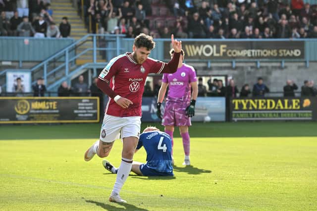 Cedwyn Scott celebrates after scoring for South Shields in their home game with National League North rivals Buxton (photo Kevin Wilson)
