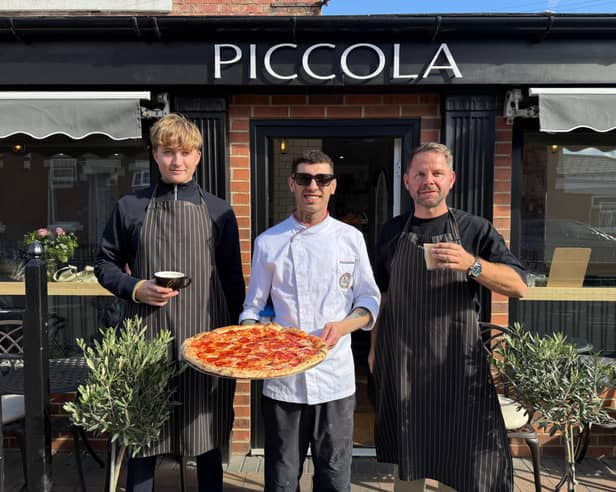 Staff member Ed Gray, chef Fabrizio and owner Chris Allen at Piccola