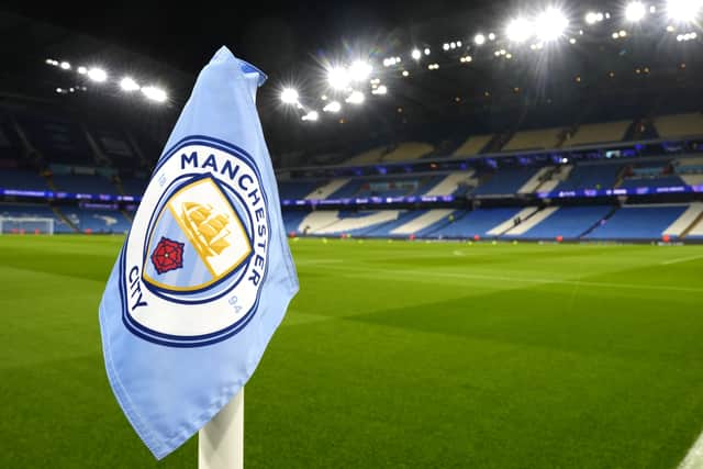 A general view of a corner flag inside the Etihad Stadium before Manchester City's match against Bayer Leverkusen