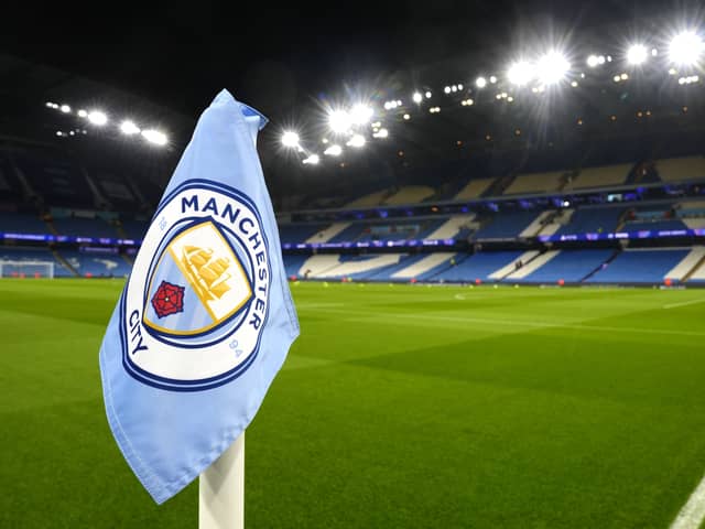 A general view of a corner flag inside the Etihad Stadium before Manchester City's match against Bayer Leverkusen