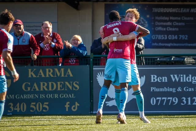 South Shields celebrate after scoring in their 2-0 FA Cup win at Buxton (photo Matt Bullen)