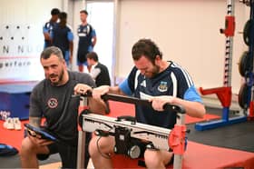 Martin Nugent oversees fitness testing with Hebburn Town defender Matty Elsdon (photo Tyler Lopes)