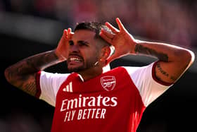 Bruno Guimaraes celebrates scoring the decisive goal for Arsenal (John Walton/PA)