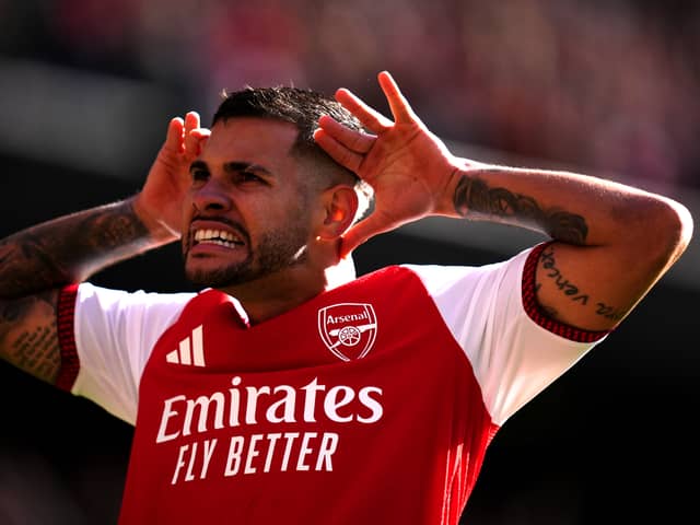 Bruno Guimaraes celebrates scoring the decisive goal for Arsenal (John Walton/PA)