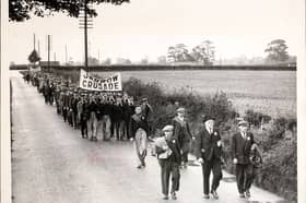 The Jarrow marchers, marching with a 'Jarrow Crusade' banner. (Photo by Hulton Archive/Getty Images)