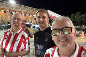 Colin Backhouse, right, and his friends in Malta who were planning an early rise to fly to the Torreense game - via Madrid and Porto.