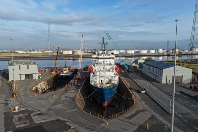 The Atlantic Guardian and Svitzer Alma tug in neighbouring dry docks at UK Docks Teesside.