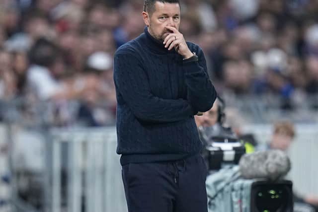 Crystal Palace’s head coach Pierre Sage looks on during the Europa League opening phase soccer match between Lyon and Crystal Palace in Lyon, France,