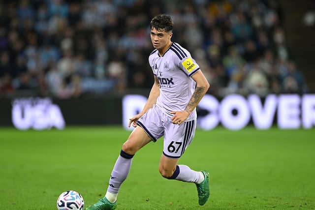 Lewis Miley of Newcastle United runs with the ball during the Premier League 2026/27 match between Coventry City and Newcastle United at The Coventry Building Society Arena on October 12, 2026 in Coventry, England. (Photo by Shaun Botterill/Getty Images)