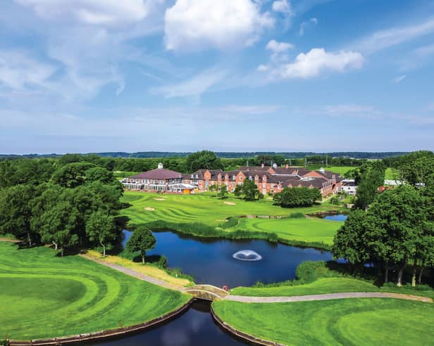 A bird’s-eye view of Formby Hall Golf Resort & Spa reveals its impressive setting, surrounded by sweeping fairways and beautifully landscaped grounds.