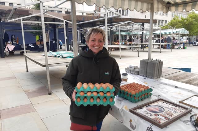Helen Stewart at her egg stall.