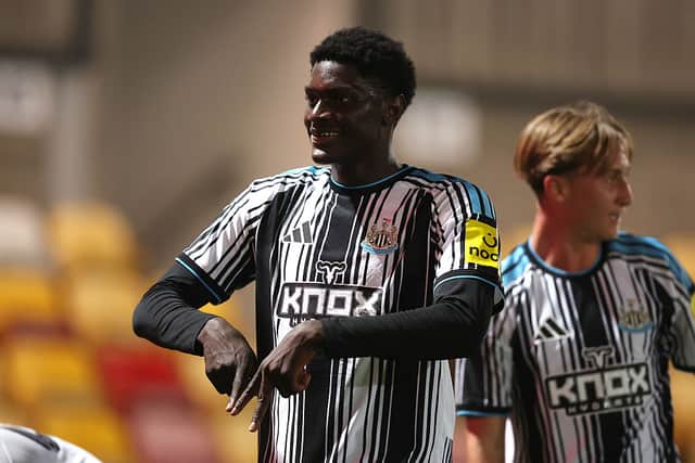 Afner Ca of Newcastle United U21 celebrates scoring his team's third goal during the Vertu Trophy match between York City and Newcastle United U21 at LNER Community Stadium on September 15, 2026 in York, England. (Photo by George Wood/Getty Images)