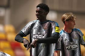 Afner Ca of Newcastle United U21 celebrates scoring his team's third goal during the Vertu Trophy match between York City and Newcastle United U21 at LNER Community Stadium on September 15, 2026 in York, England. (Photo by George Wood/Getty Images)