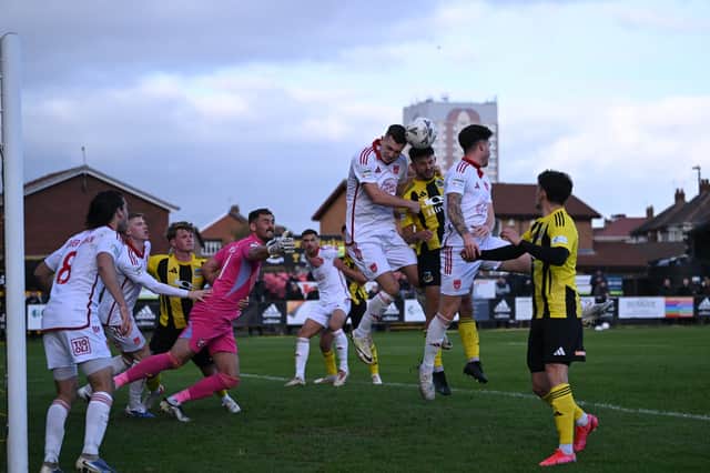 Action from Hebburn Town's home defeat against Scarborough Athletic (photo Tyler Lopes)