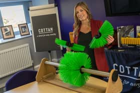 Susan Stewart, Sales Manager at Cottam Brush, with the patent-pending SPLITGRIP system.