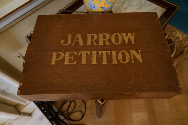 The petition box carried by the Jarrow Marchers was brought to Downing Street on Monday, October 19.