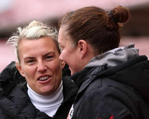 Tanya Oxtoby, Manager of Newcastle United, interacts with Melanie Reay, Manager of Sunderland, prior to the Barclays Women's Super League 2 match between Sunderland and Newcastle United at Stadium of Light on March 29, 2026 in Sunderland, England. (Photo by Stu Forster/Getty Images)