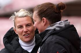 Tanya Oxtoby, Manager of Newcastle United, interacts with Melanie Reay, Manager of Sunderland, prior to the Barclays Women's Super League 2 match between Sunderland and Newcastle United at Stadium of Light on March 29, 2026 in Sunderland, England. (Photo by Stu Forster/Getty Images)