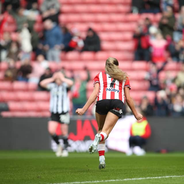 Katy Watson celebrates opening the scoring at last year's Wear-Tyne derby