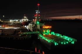 HMS Forth deploys its new helicopter landing system on the River Tees.
